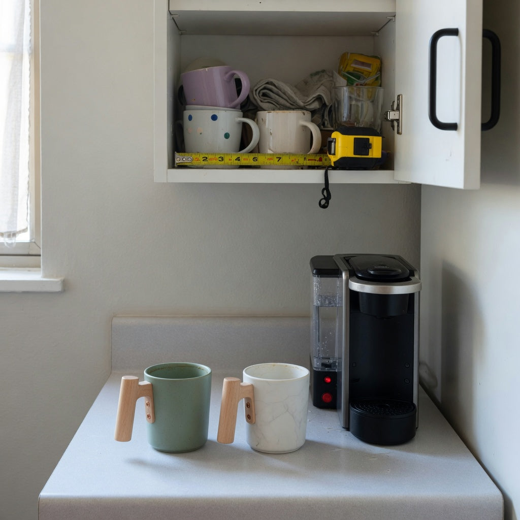 Ceramic mug with wooden handle compact kitchen practical purchase checklist beside a measured cabinet shelf and narrow counter