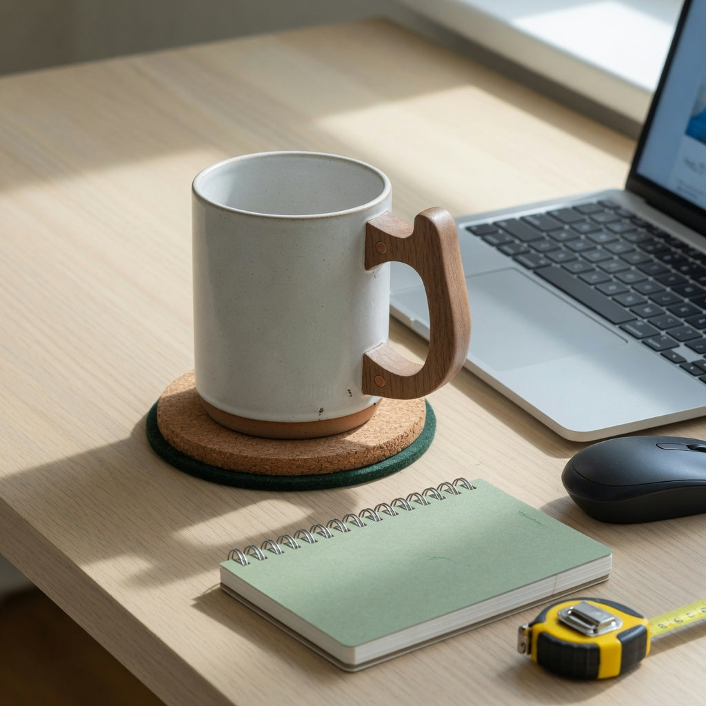 Ceramic mug with wooden handle for desk use beside a laptop, mouse, notebook, and coaster with visible handle clearance