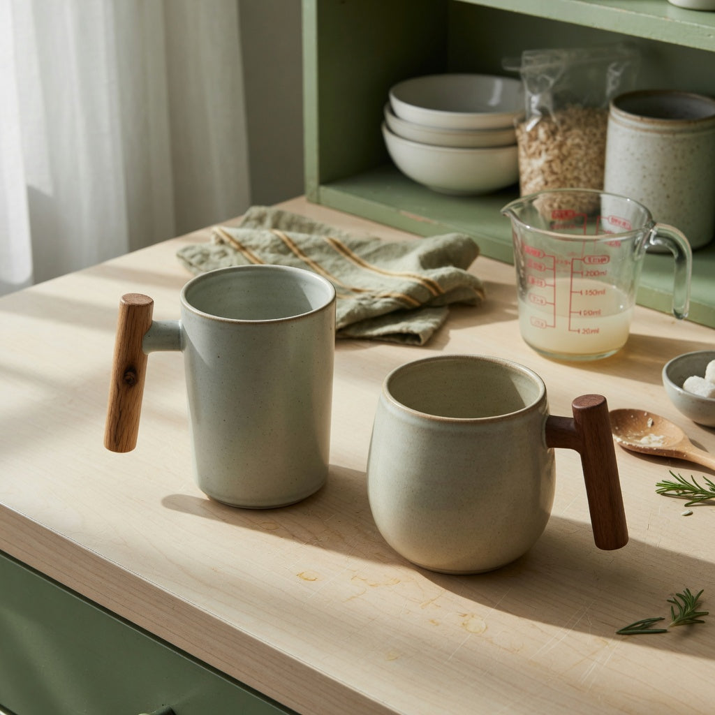 ceramic mug with wooden handle everyday mug rotation practical purchase checklist with two mug forms, a measuring jug, and cabinet storage