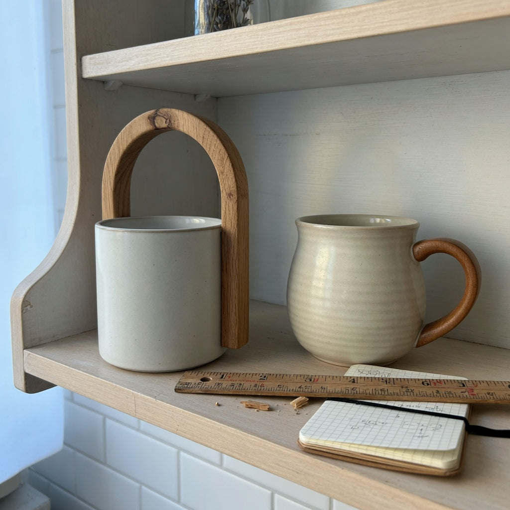 ceramic mug with wooden handle everyday mug rotation product shortlist guide comparing straight and rounded 12 oz mugs on an open shelf