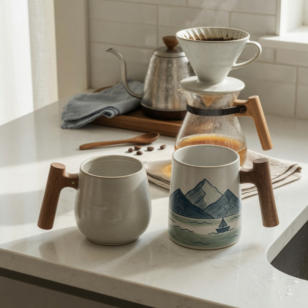 ceramic mug with wooden handle home coffee station product shortlist guide showing two options on a kitchen counter