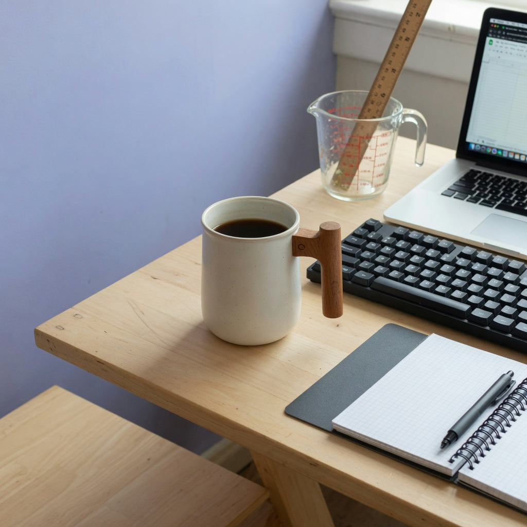 ceramic mug with wooden handle home office practical purchase checklist setup beside a keyboard, notebook, measuring jug, and ruler