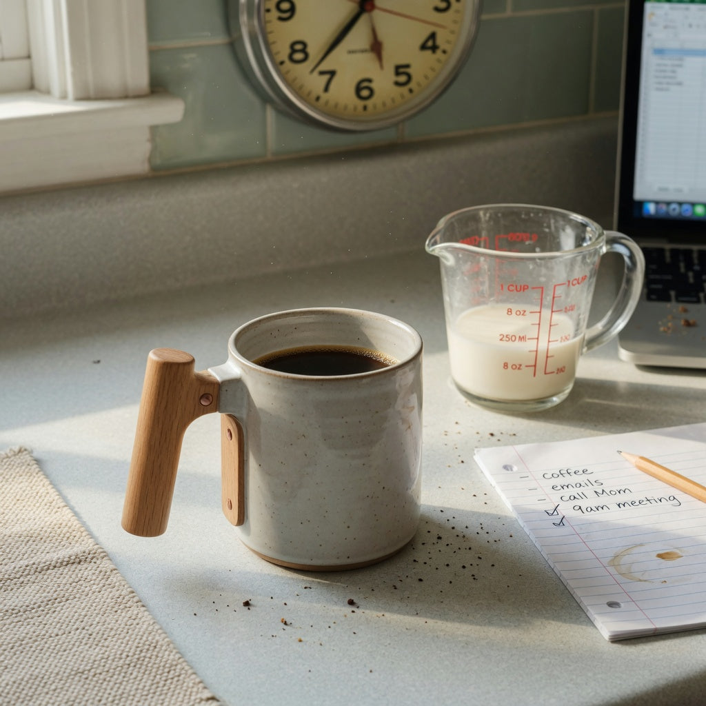 Ceramic mug with wooden handle morning routine practical purchase checklist beside a measuring cup and morning notes