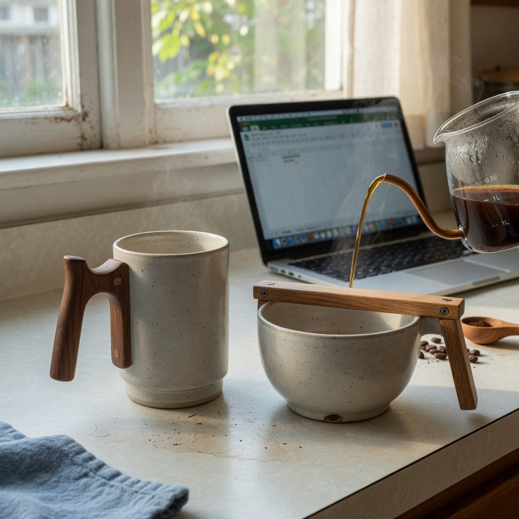 Two mugs compared for a ceramic mug with wooden handle morning routine product shortlist guide on a kitchen counter