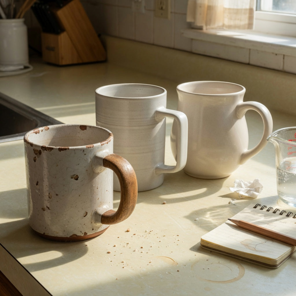 Kitchen counter setup for a ceramic mug with wooden handle replacement purchase practical purchase checklist, showing an old mug and two current vessel forms