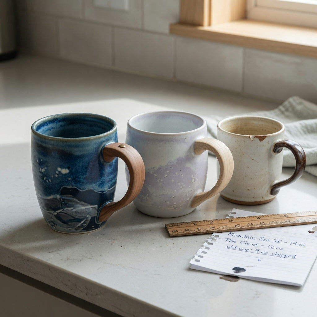 Two mugs compared in a ceramic mug with wooden handle replacement purchase product shortlist guide beside an older chipped mug
