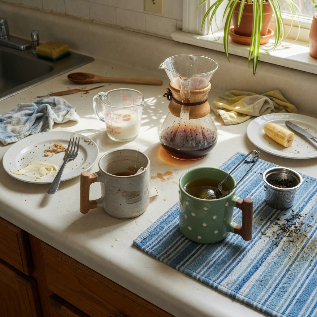 Ceramic mug with wooden handle shared household practical purchase checklist shown with two mugs on a kitchen counter