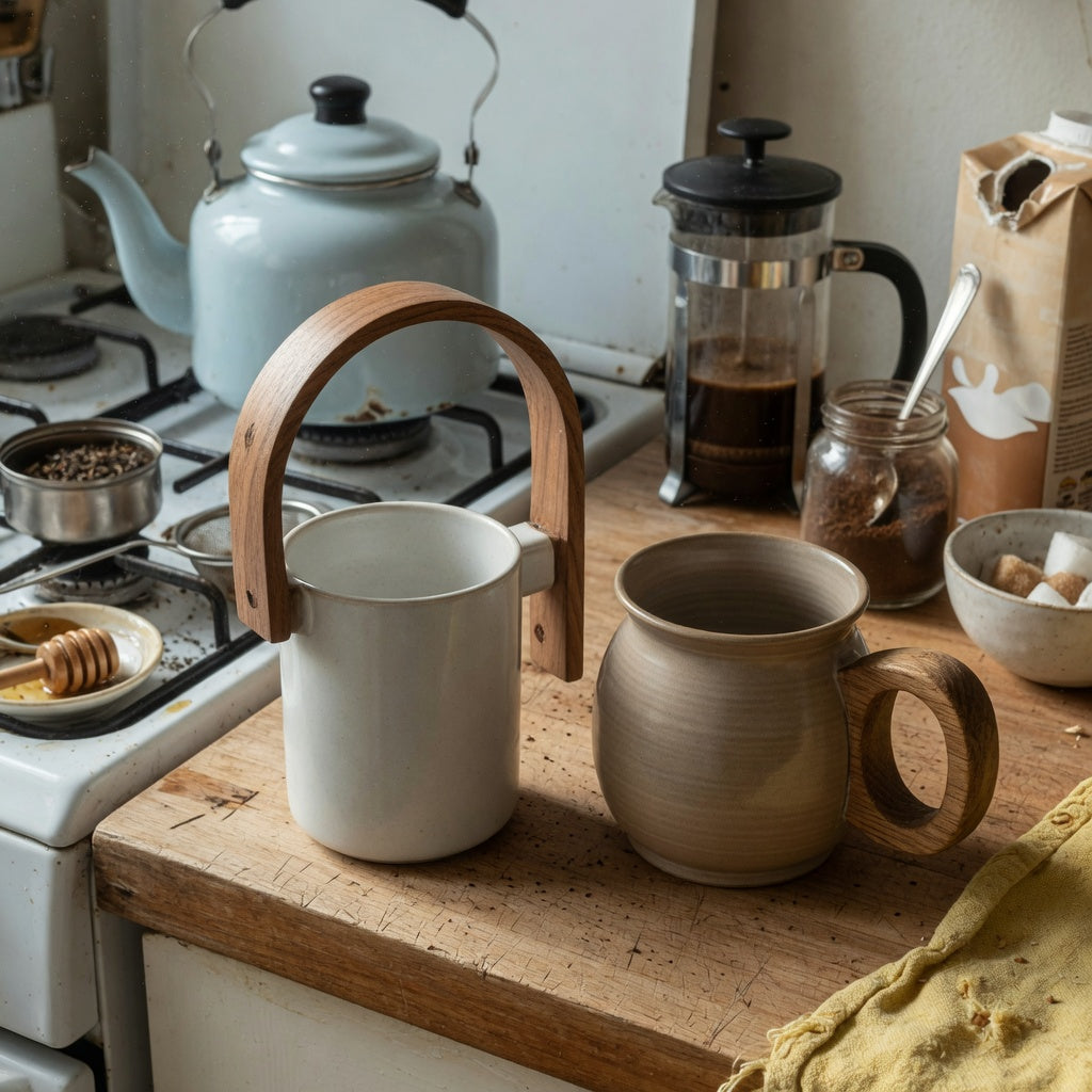 Ceramic mug with wooden handle shared household product shortlist guide comparing upright 12 oz and rounded 13.5 oz mug forms