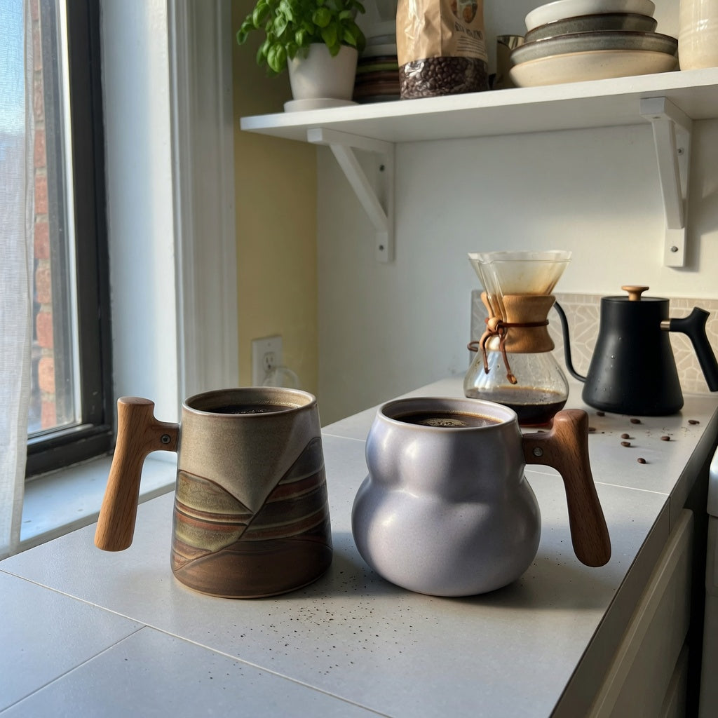 Ceramic mug with wooden handle for small coffee setup on a narrow counter beside a compact coffee brewer