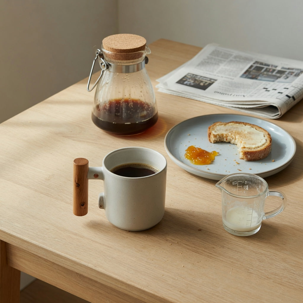 ceramic mug with wooden handle weekend coffee practical purchase checklist beside a coffee carafe and breakfast plate