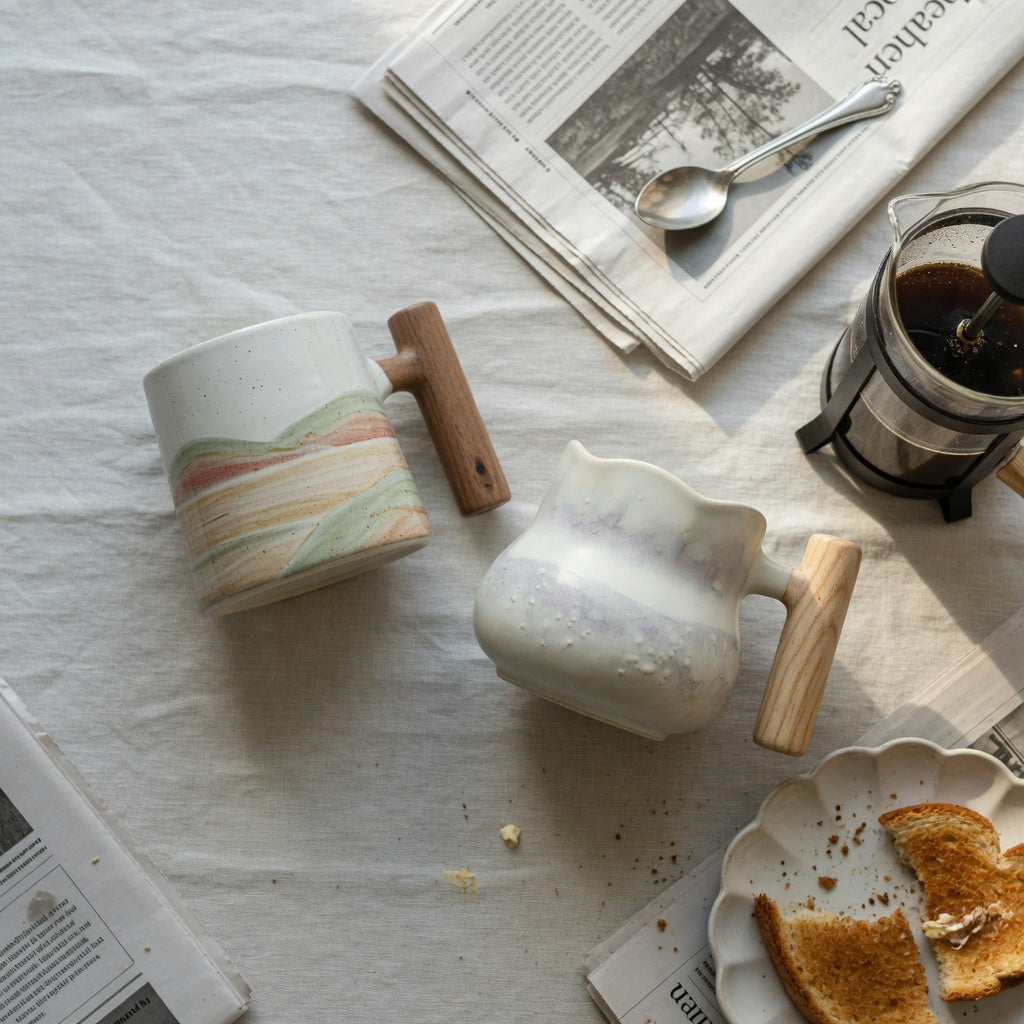 Two mugs beside a French press for the ceramic mug with wooden handle weekend coffee product shortlist guide