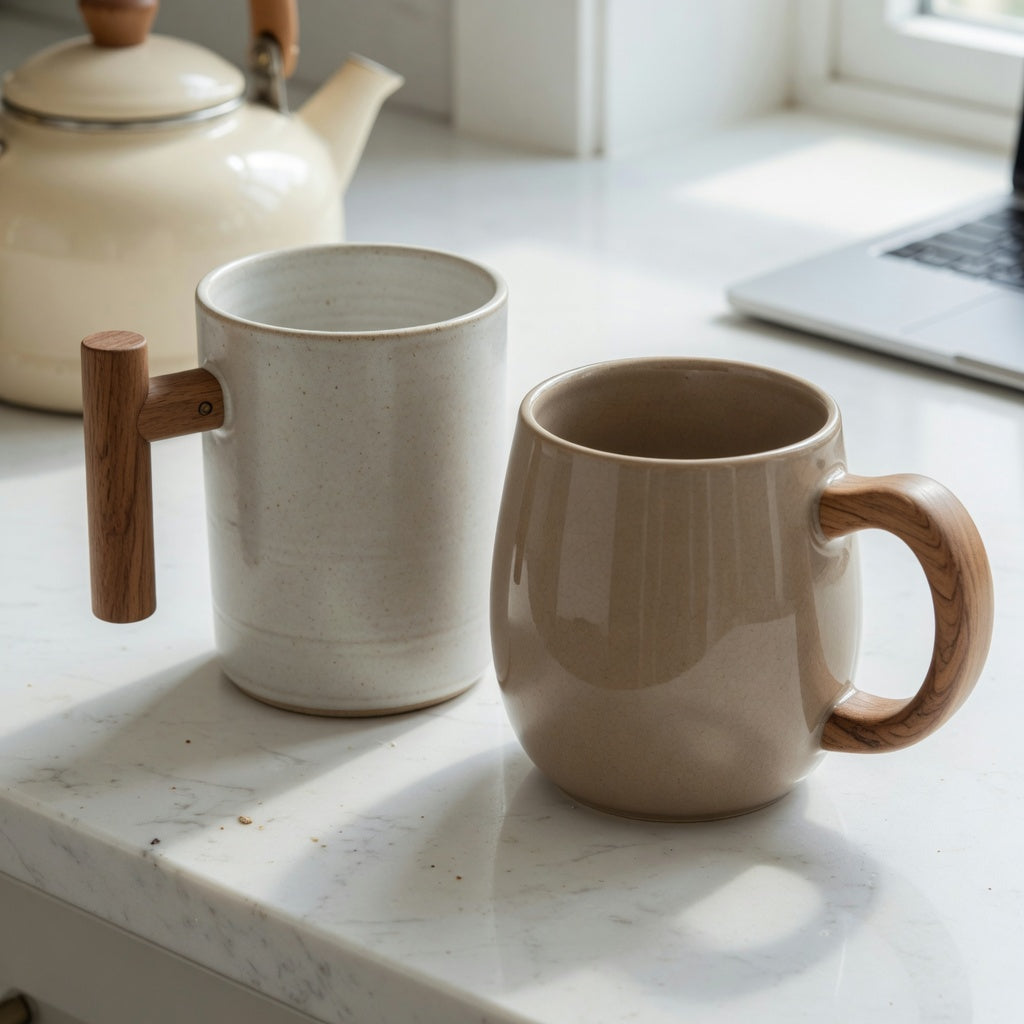 Side-by-side ceramic mug with wooden handle shape and handle guide showing upright and rounded vessel options