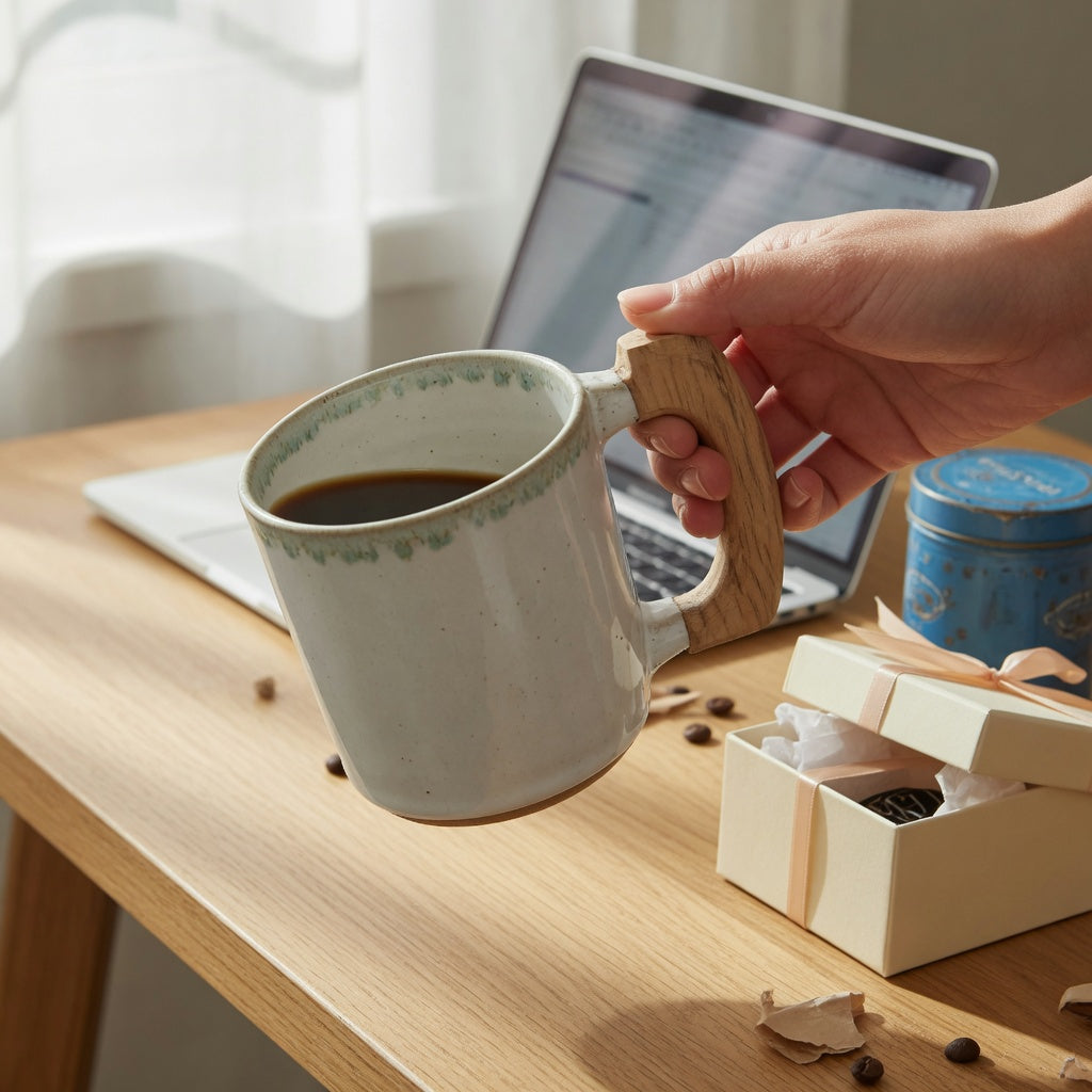 Ceramic mug wooden handle gift being checked at the handle joint beside an open gift box