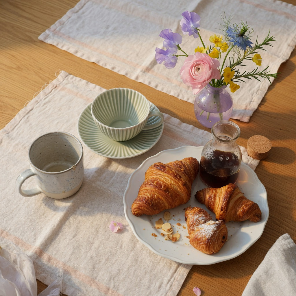 Round and pleated ceramic mugs for brunch table styling beside croissants and linen napkins in soft morning light