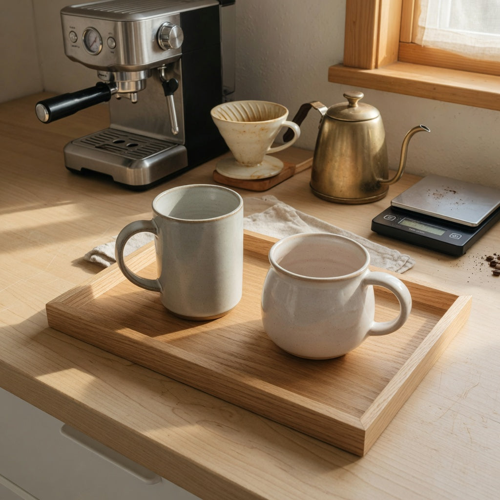 Tall and round ceramic mugs for coffee station setup beside a pour-over brewer