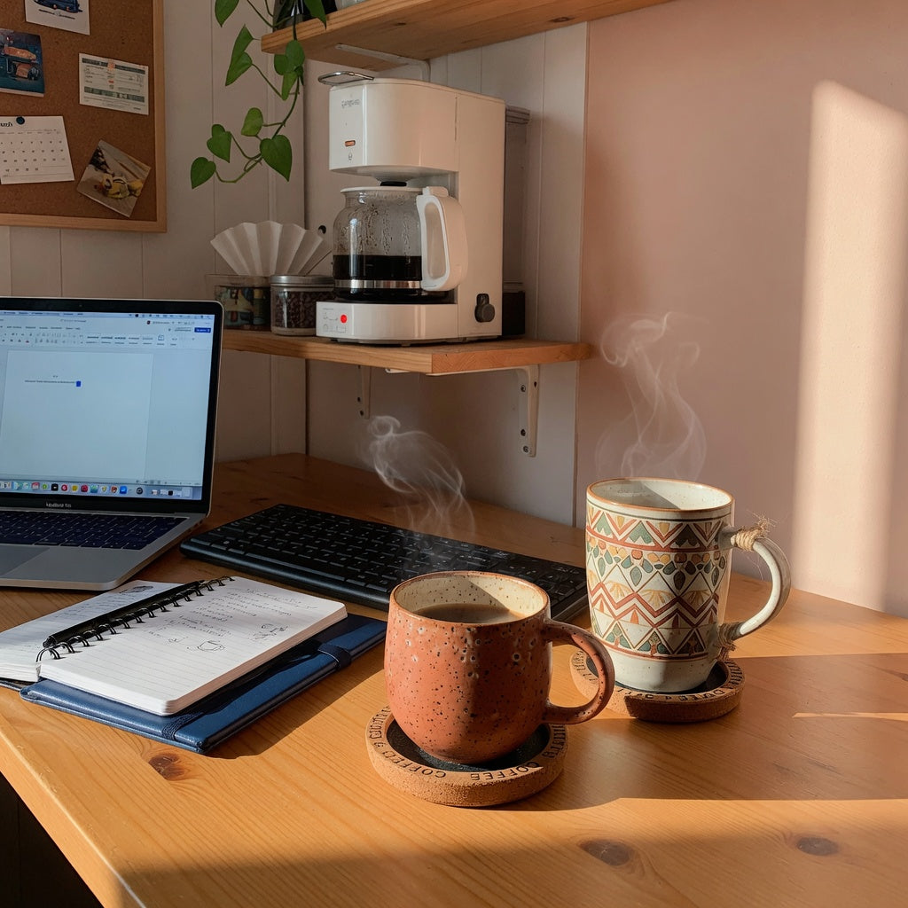 Tall and round ceramic mugs for home office coffee station use on cork coasters beside a laptop and a compact drip machine