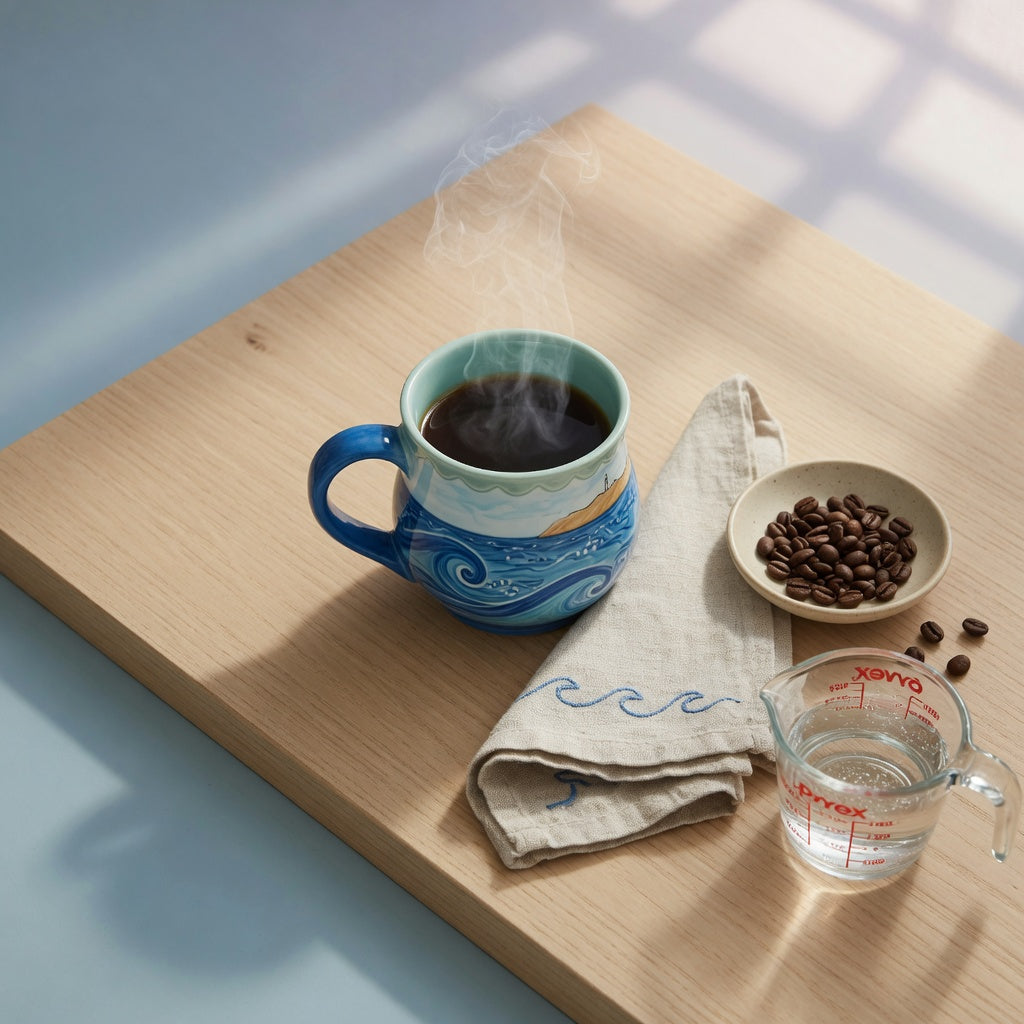 Ceramic ocean mug with a blue wave design steaming on a light wood kitchen counter in soft morning light