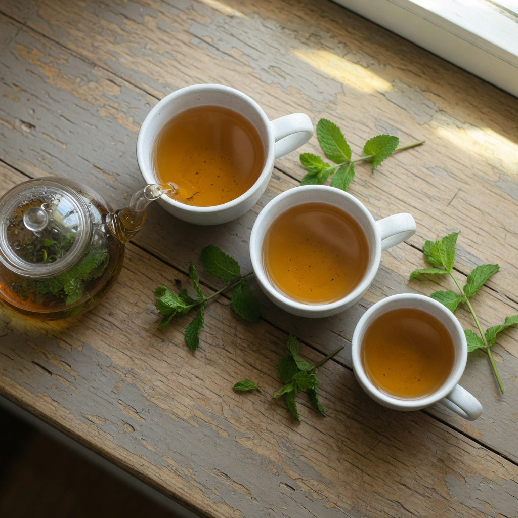 Three ceramic peppermint tea mug sizes from 400 to 480 ml on a wooden counter with fresh mint sprigs and a glass teapot of herbal tea