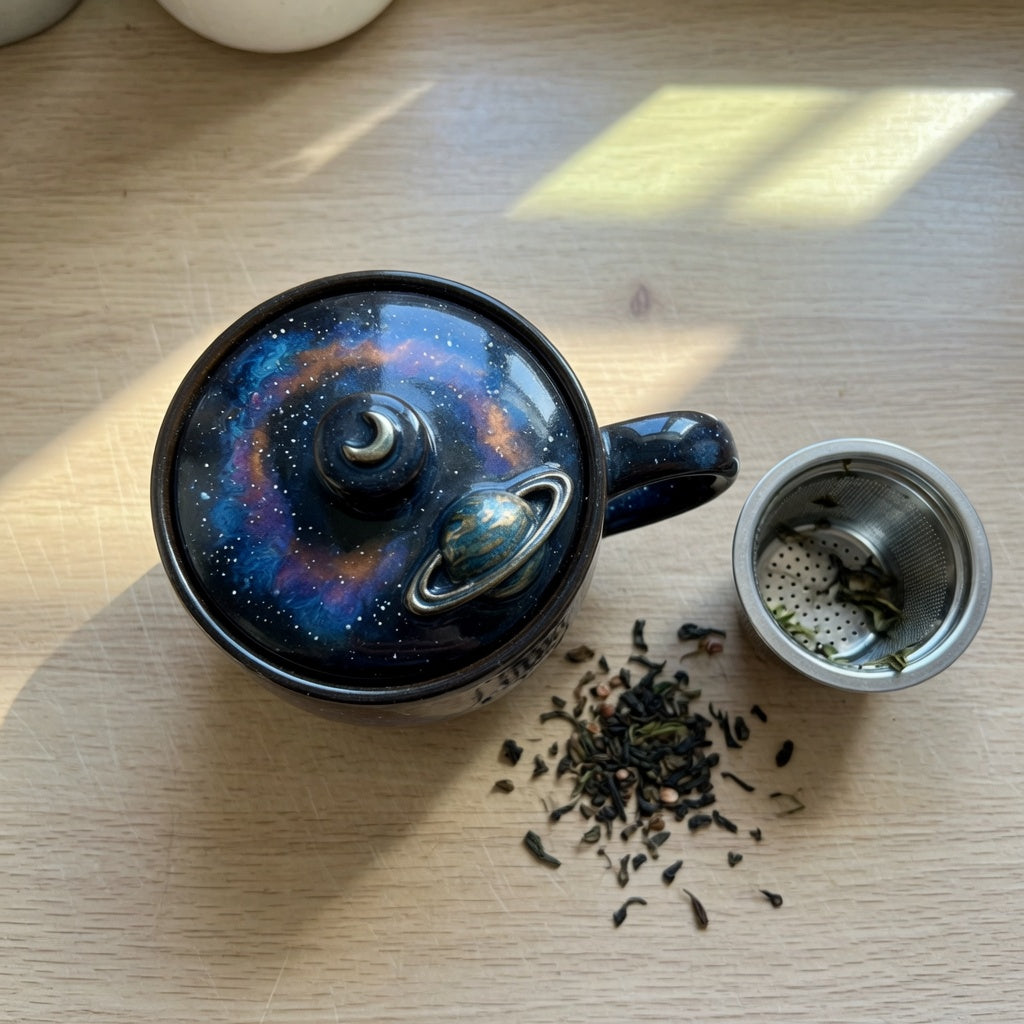 Dark galaxy-glazed ceramic planet tea mug with sculpted planet detail beside a stainless steel infuser on an oak kitchen counter.