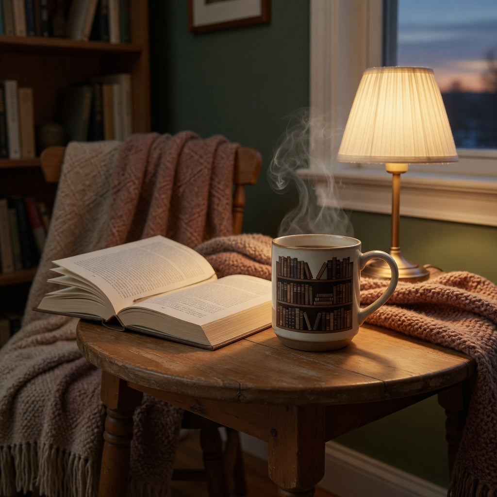 A ceramic reading nook mug beside an open hardcover, warm reading lamp, knitted throw, and small wooden side table