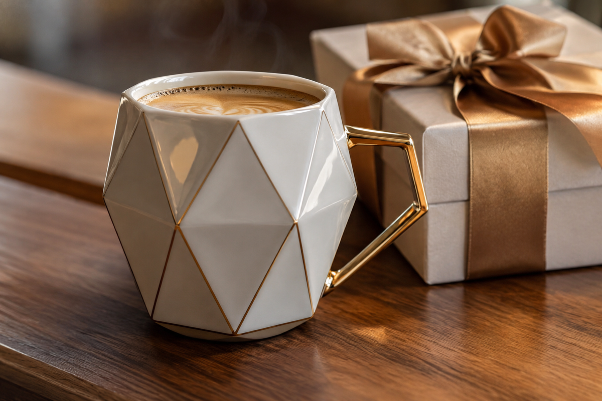 ceramic rhombus mug gift displayed with coffee and gift box