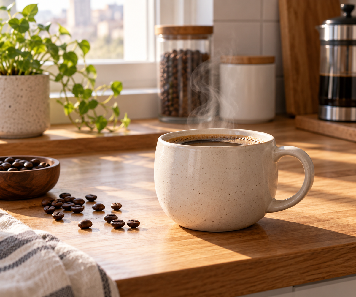 ceramic round mug morning routine counter display on kitchen counter with coffee