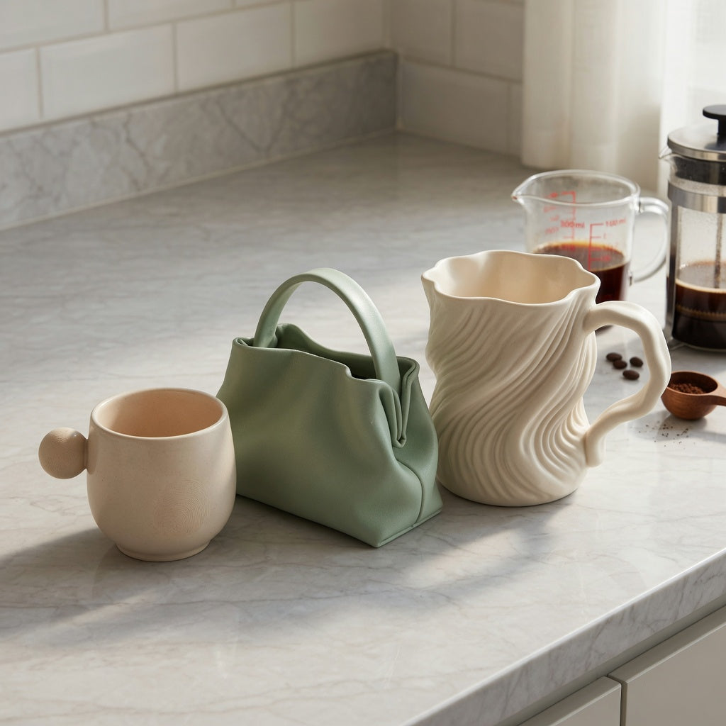 Three mugs arranged for a ceramic sculptural mug current product facts comparison: 250 ml Ball Handle, 310 ml Handbag, and 400 ml Flow