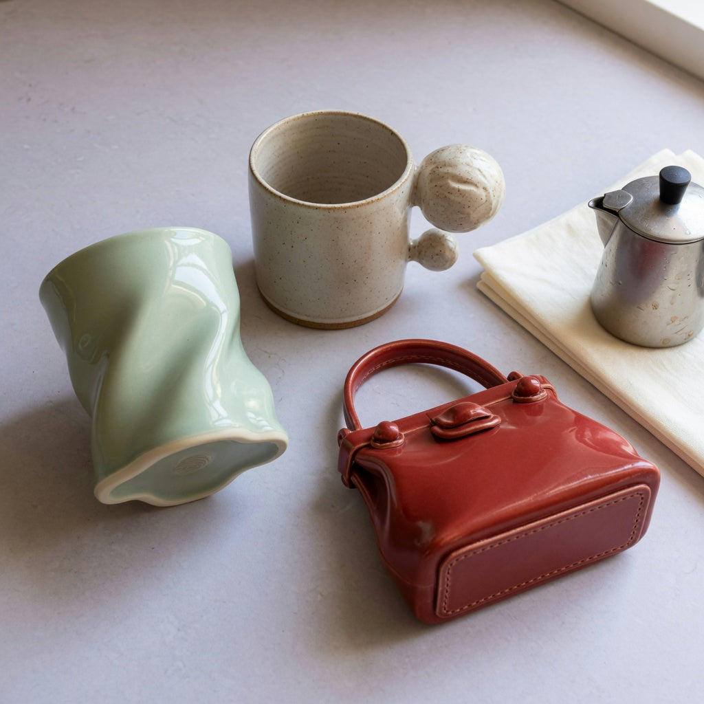 Ceramic sculptural mug first time buyer product shortlist guide showing The Flow, Ball Handle, and Handbag mug forms