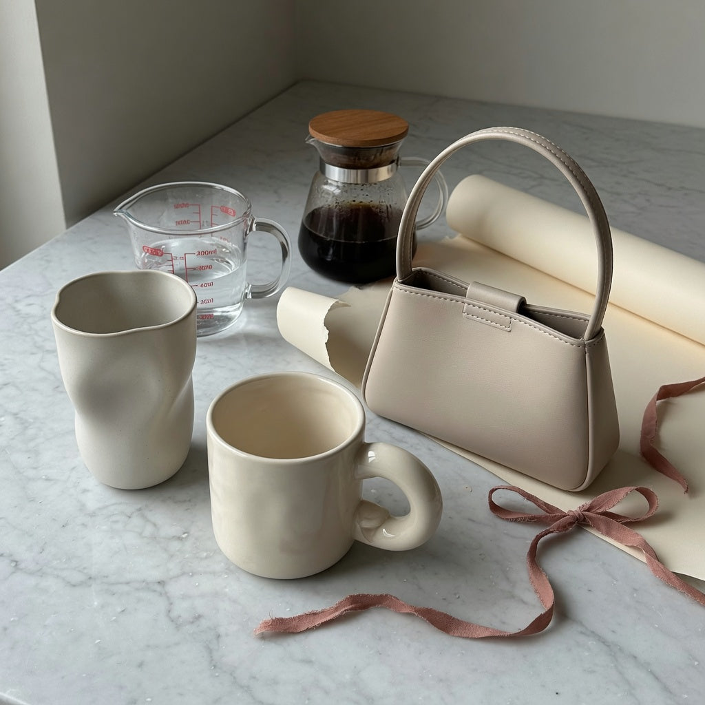 A ceramic sculptural mug gift choice practical purchase checklist scene with The Flow, Ball Handle, and Handbag mugs