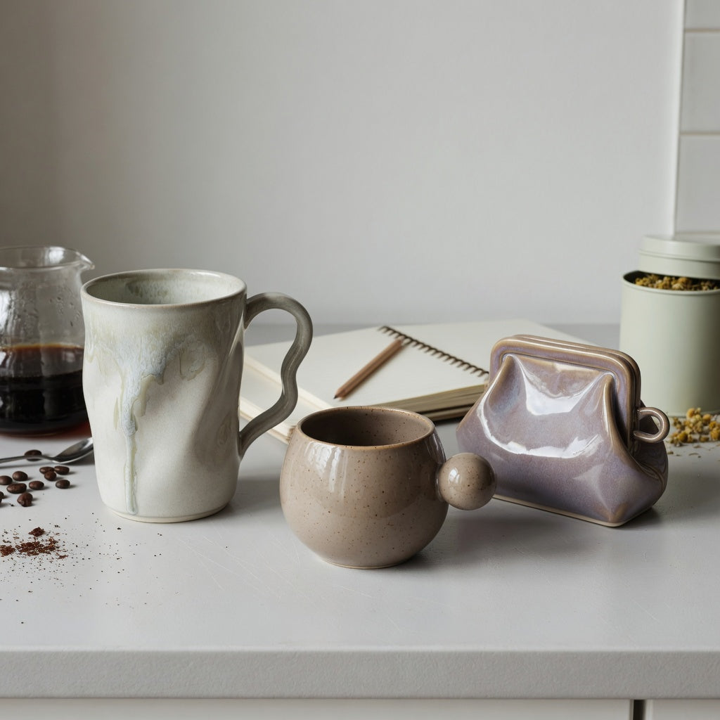 Ceramic sculptural mug gift choice product shortlist guide comparing Flow, Ball Handle, and Handbag forms