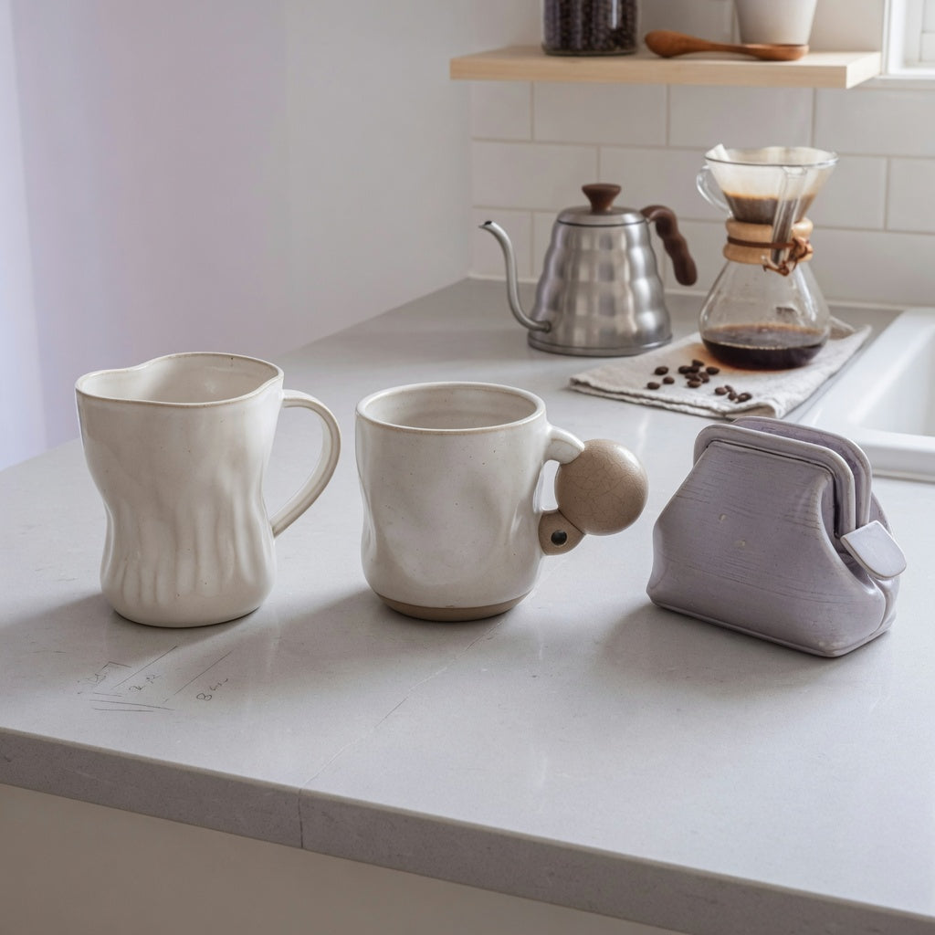 ceramic sculptural mug home coffee station practical purchase checklist with curved, ball-handle, and purse-shaped mugs on a measured counter