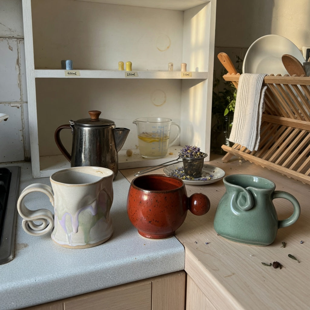 Three mugs compared in a ceramic sculptural mug shared household product shortlist guide on a shared kitchen counter