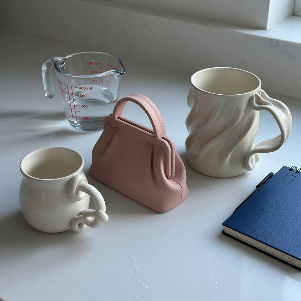 Ceramic sculptural mug size decision guide showing the 250 ml Ball Handle, 310 ml Handbag and 400 ml The Flow
