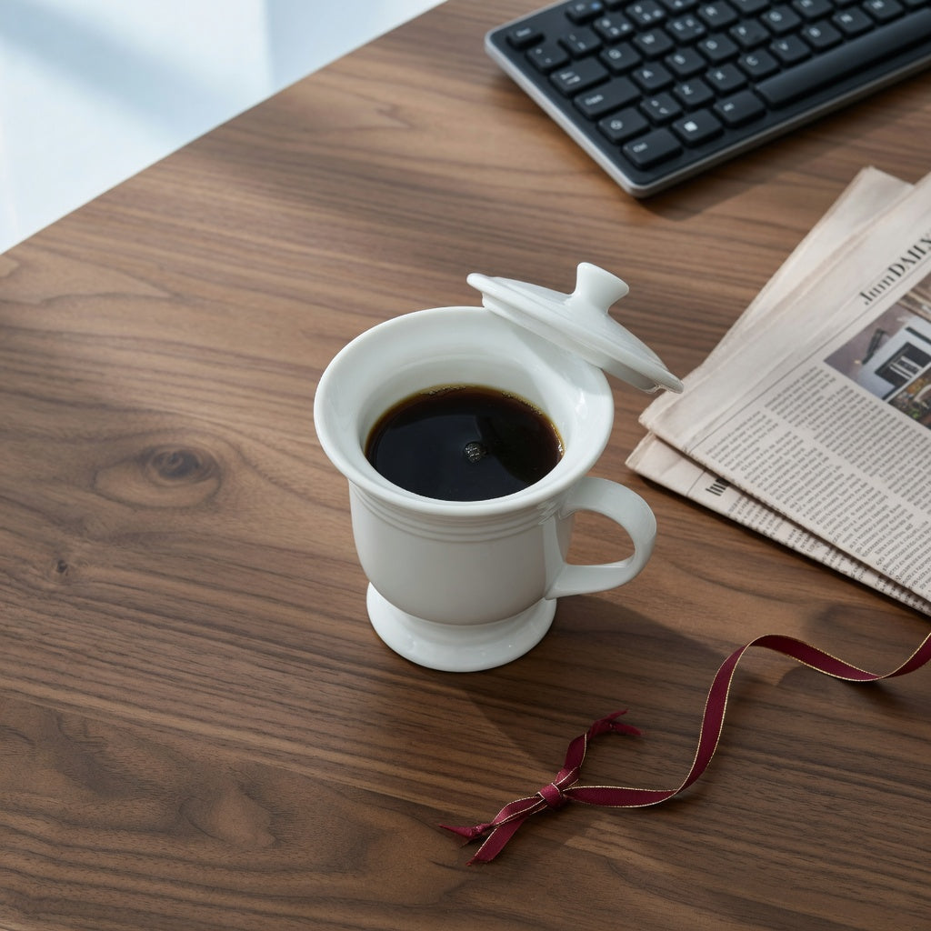 Ceramic spittoon mug with flared rim and lid on an office desk, filled with black coffee