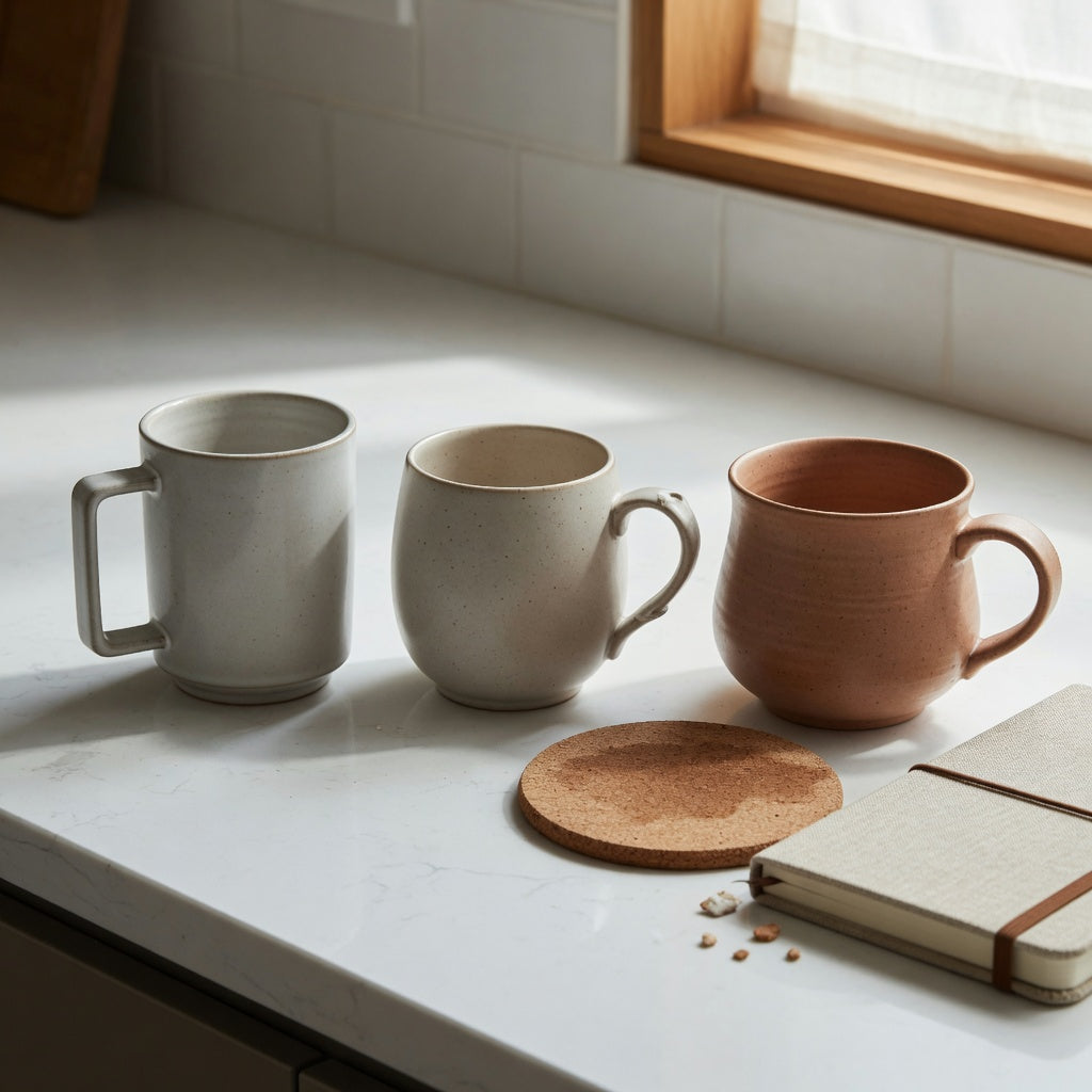 Ceramic tea mug options with different vessel forms and handle shapes on a kitchen counter
