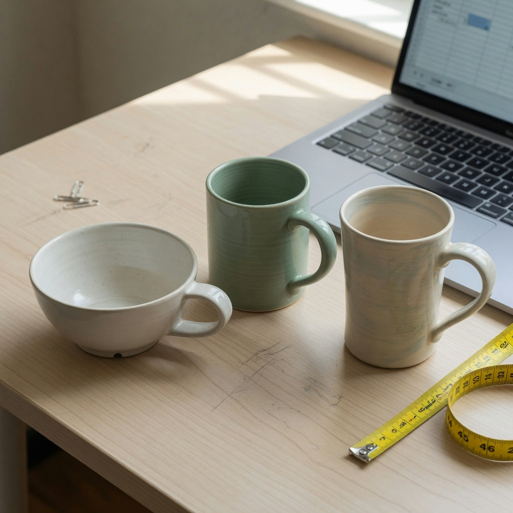 Desk comparison showing ceramic tea mug buying priorities with 12 oz, 390 ml, and 400 ml mug shapes