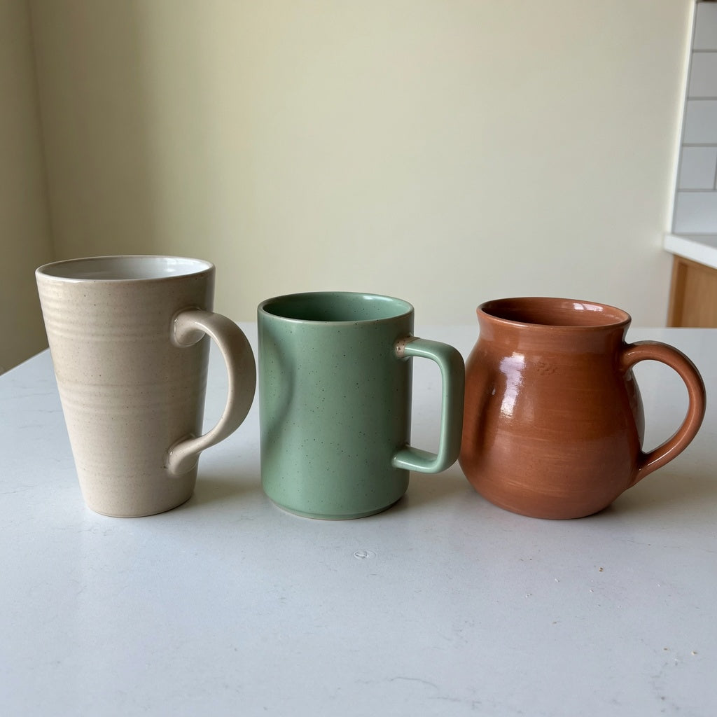 Ceramic tea mug current product facts comparison with tapered C-handle, straight D-handle, and rounded loop-handle forms
