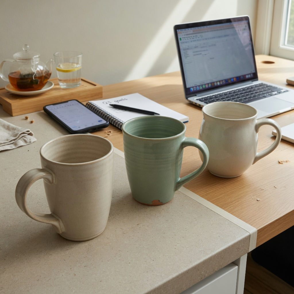 Ceramic tea mug daily use guide with three ceramic mugs compared on a kitchen counter and office desk