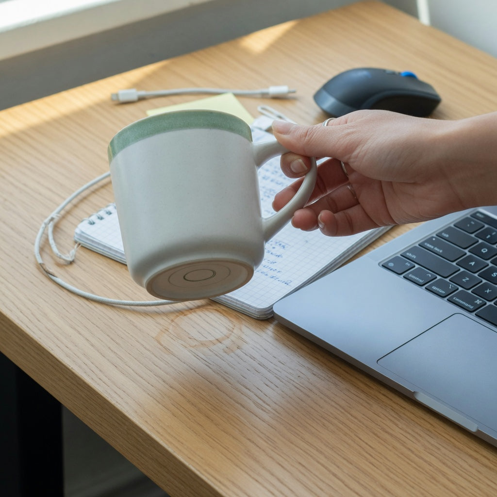 Ceramic tea mug for desk use beside a laptop, notebook, and mouse with clear space around the base and handle