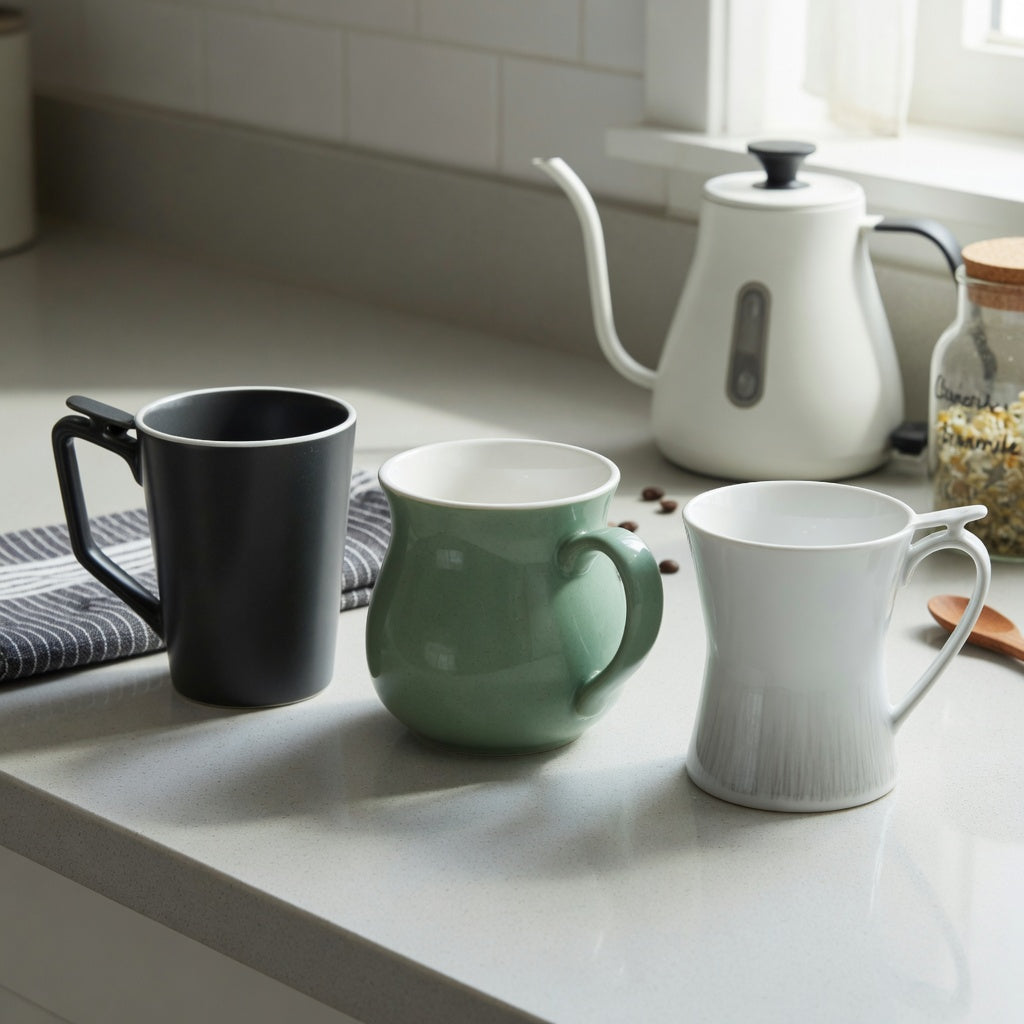 Ceramic tea mug home coffee station product shortlist guide showing three ceramic mug forms and handle shapes beside a kettle