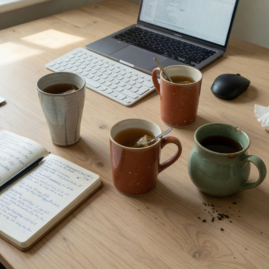 Ceramic tea mug home office product shortlist guide showing three mug forms beside a laptop and notebook