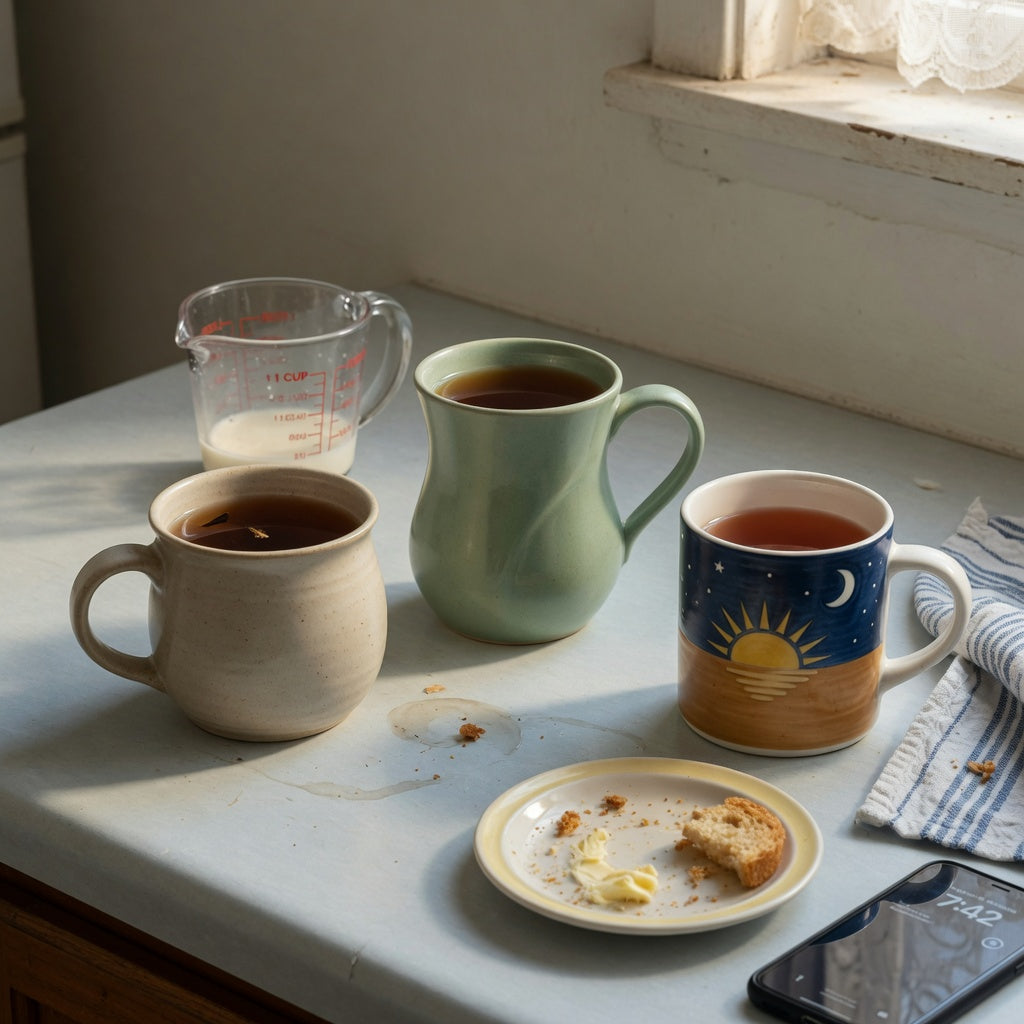 Ceramic tea mug morning routine practical purchase checklist with round, flowing, and day-night mug forms on a kitchen counter