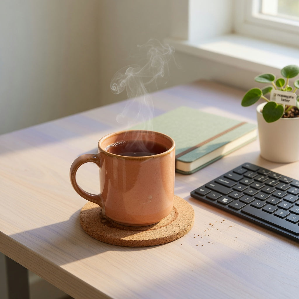 Ceramic tea mug for office desk steaming on a cork coaster beside a keyboard and notebook