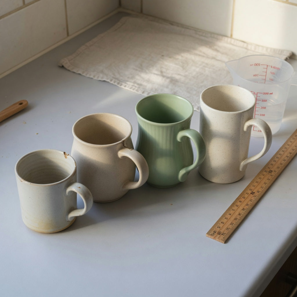 Ceramic tea mug replacement purchase practical purchase checklist comparing a chipped mug with rounded, flowing, and taller ceramic options