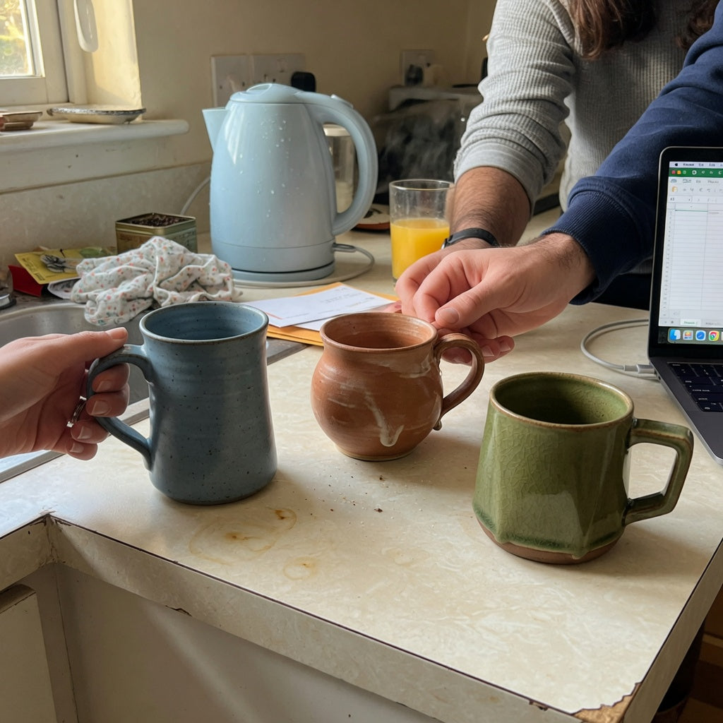 Ceramic tea mug shared household practical purchase checklist with three individual mug forms and visible handles on a shared kitchen counter