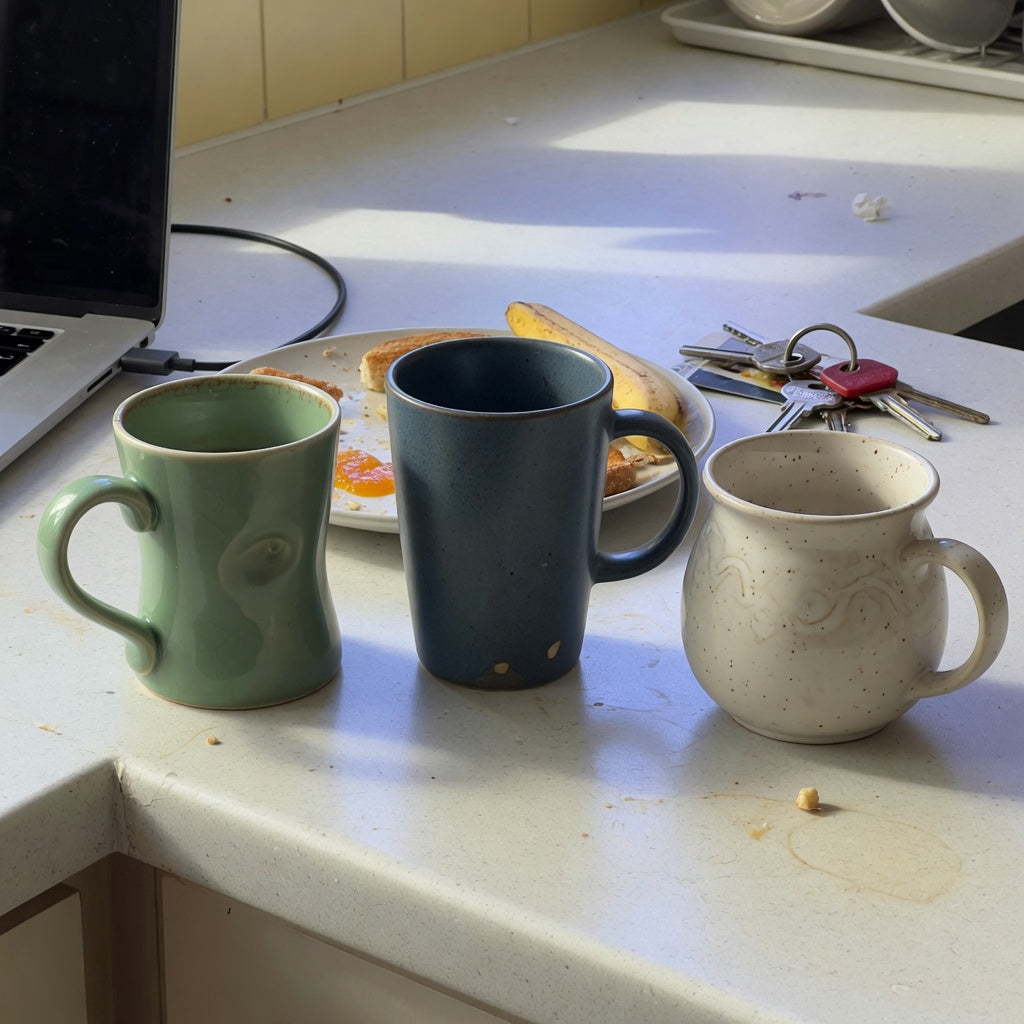 ceramic tea mug shared household product shortlist guide with contoured, upright, and rounded mugs on a shared kitchen counter
