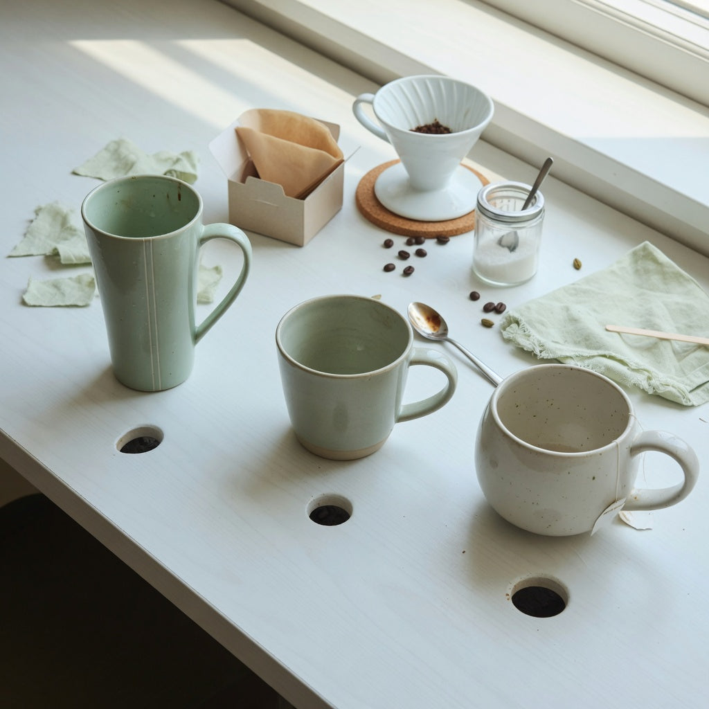 Ceramic tea mug for small coffee setup comparison on a narrow kitchen counter