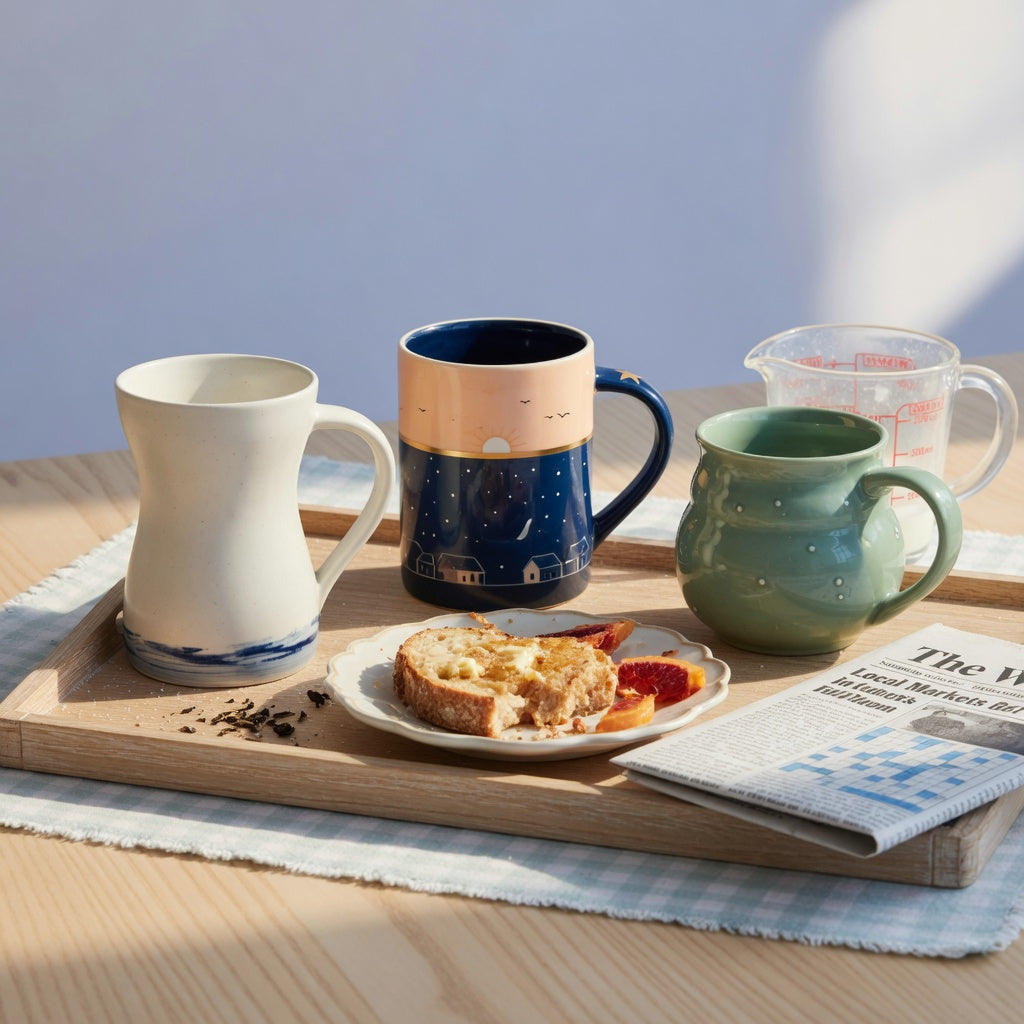 ceramic tea mug weekend coffee practical purchase checklist with three ceramic mug forms on a weekend breakfast table