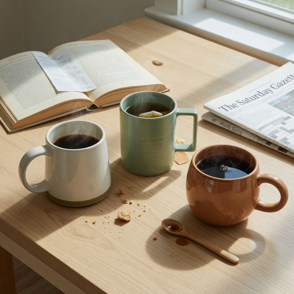 Ceramic tea mug weekend coffee product shortlist guide showing tapered, upright, and rounded ceramic mugs on a Saturday table