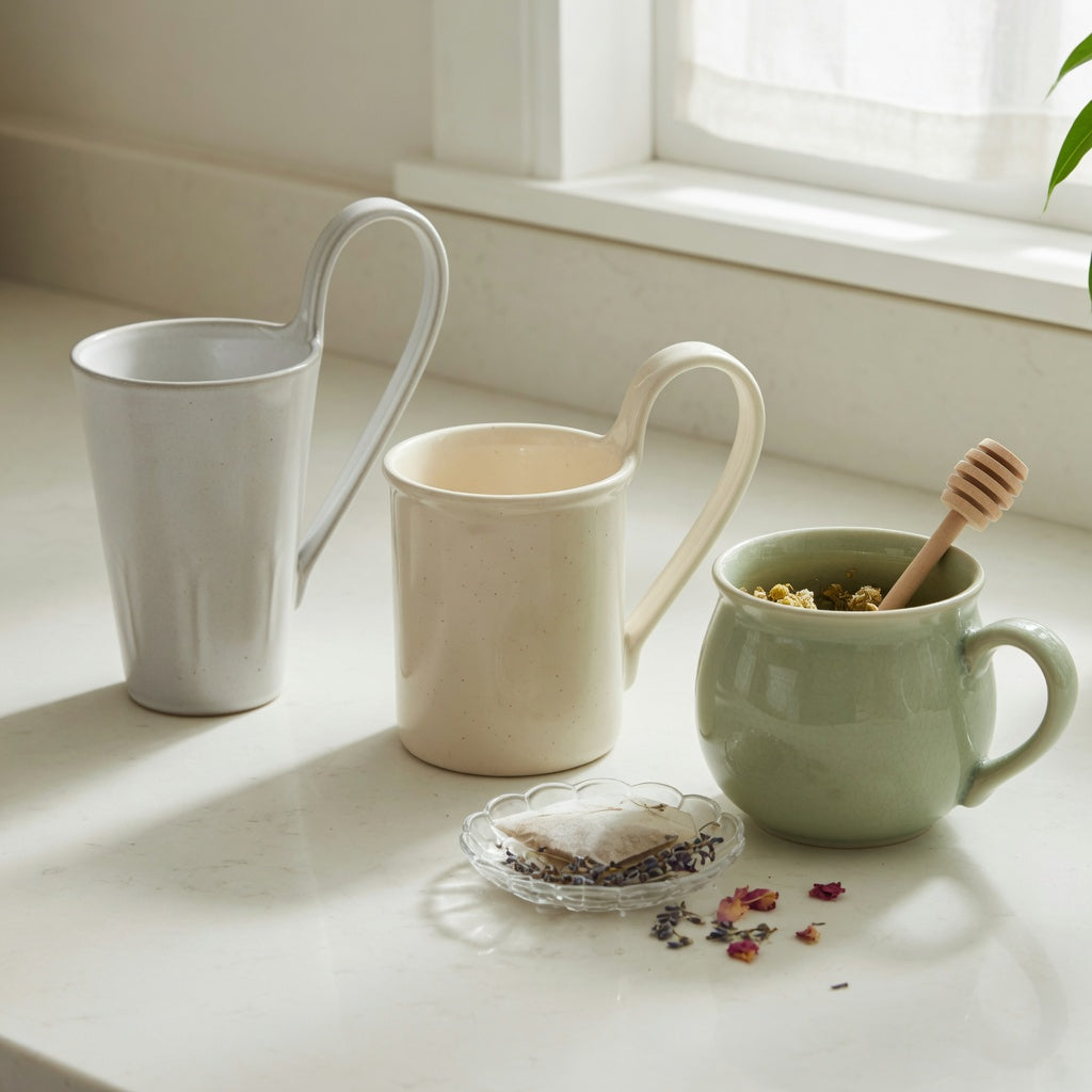 ceramic tea mug shape and handle guide showing Flow, Morning Night, and Round mug forms side by side